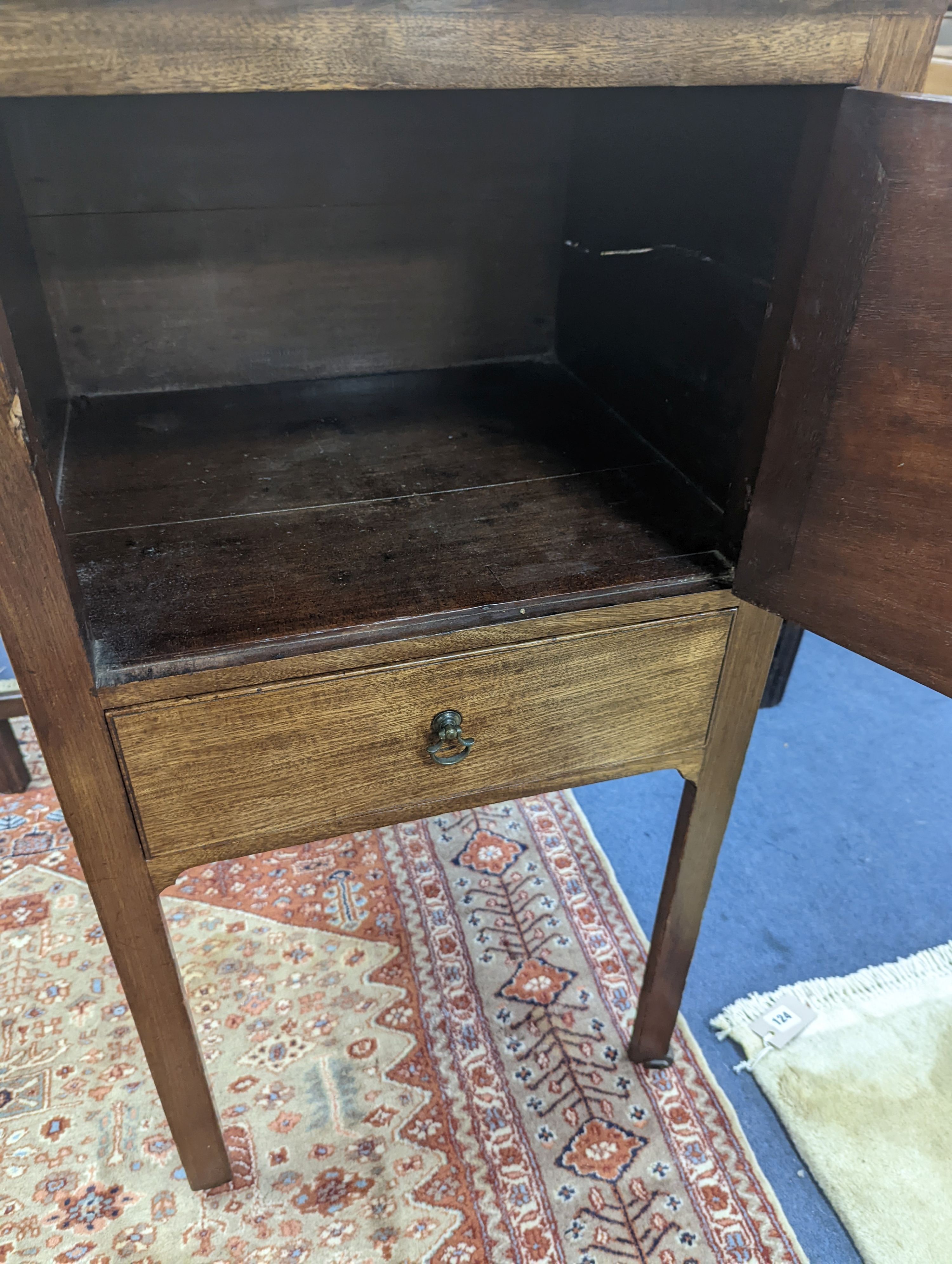 A George III and later mahogany bedside cabinet. W-47cm, D-45cm, H-86cm.